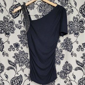 Bebe Beaded Ruched One-Shoulder Black Blouse Size Small